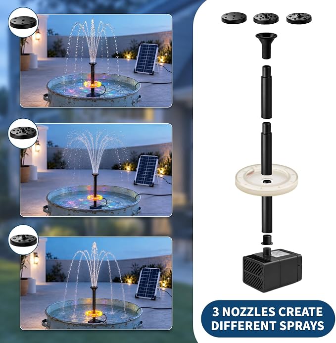 Yeomi 6W Solar Fountain Pump, Independent Solar Panel Water Fountain with 2 Spray Modes & 3 Nozzles, Built-in Filter for Garden, Patio, Pond Decoration