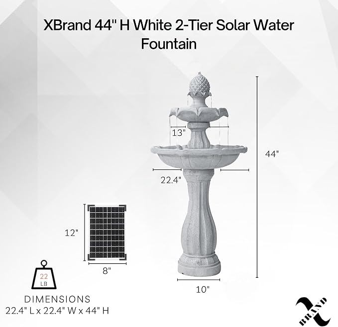 XBrand 44" Solar Powered Outdoor Fountain, Elegant 2-Tier Cascading Water Feature, Fiberglass Resin Garden & Patio Fountain with Solar Panel - White