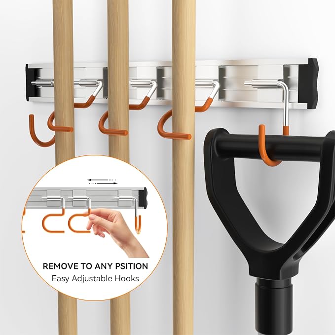 HUPBIPY 34.5'' Aluminum Alloy Garden Tool Organizer Wall Mount Garage Organizers and Storage with Hooks Tool Hangers for Shed Hooks for Shovel, Rake, Broom & More