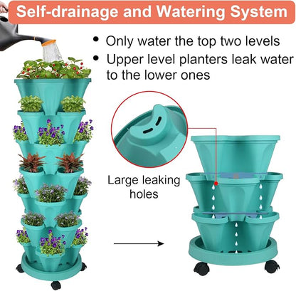 GameXcel Vertical Planter, 7 Tier Stackable Strawberry Planter with Garden Tool Set, Movable Indoor/Outdoor Garden Herb Pot for Growing Vegetables and Succulents, Teal