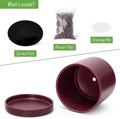 D'vine Dev 8 Inch Ceramic Planter Pot, Cordovan, 94-O-D-4 | Modern Cylinder Design, Drainage Hole & Saucer Included, Stable Structure, Elegant Home Accent