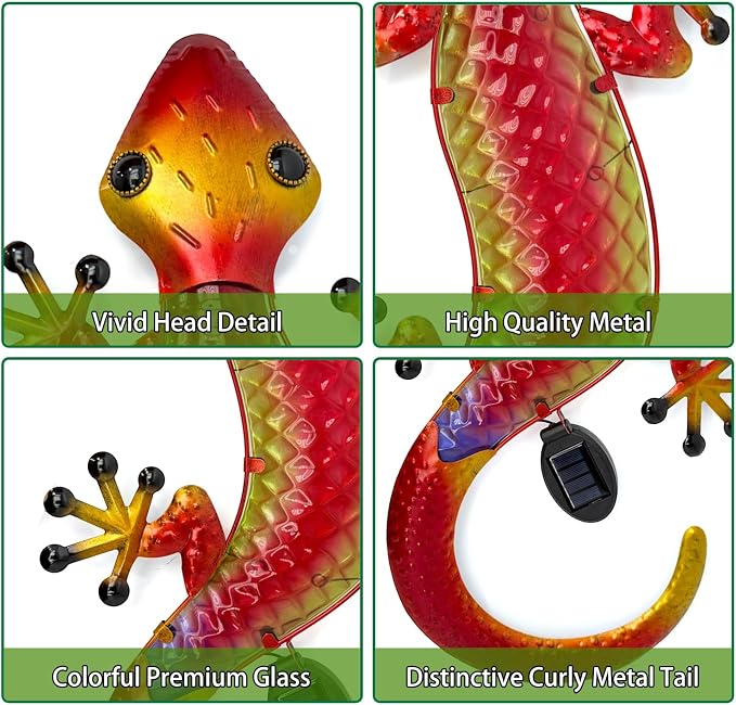 HONGLAND Solar Lizard Wall Decor-30 Inch 3D Gecko Metal Wall Art Outdoor Hanging Glass Sculpture, Yard Decorations Outdoor for Garden Fence