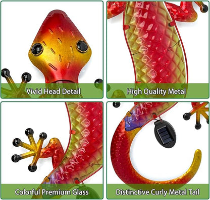 HONGLAND Solar Lizard Wall Decor-30 Inch 3D Gecko Metal Wall Art Outdoor Hanging Glass Sculpture, Yard Decorations Outdoor for Garden Fence