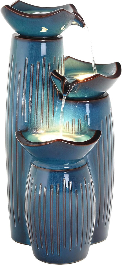 Autodaya 30" 3-Tier Cascading Ceramic Outdoor Water Fountain with LED Light | Pedestal Lotus Bowls Water Feature, Soothing Waterfall for Tranquil Garden, Patio, Yard, Turquoise Vertical Striped Texture