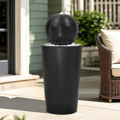 Autodaya 30"H Ceramic Sphere Water Fountain with LED Light for Garden Patio | Modern Minimalist Design, Black Glaze with White Pebbles, Soothing Trickling Water Feature, Artistic Charm, Tranquil Ambiance