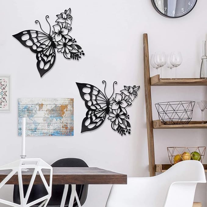 EZ4ENCE 2PCS Butterfly Decoration Wall Art Boho Wall Home Decor Hanging Appearance Wall Decor Metal Hanging Butterfly Decor Flower Wall Art for Bedroom Living Room Home Wall,Black(Large)
