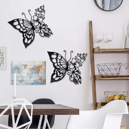 EZ4ENCE 2PCS Butterfly Decoration Wall Art Boho Wall Home Decor Hanging Appearance Wall Decor Metal Hanging Butterfly Decor Flower Wall Art for Bedroom Living Room Home Wall,Black(Large)