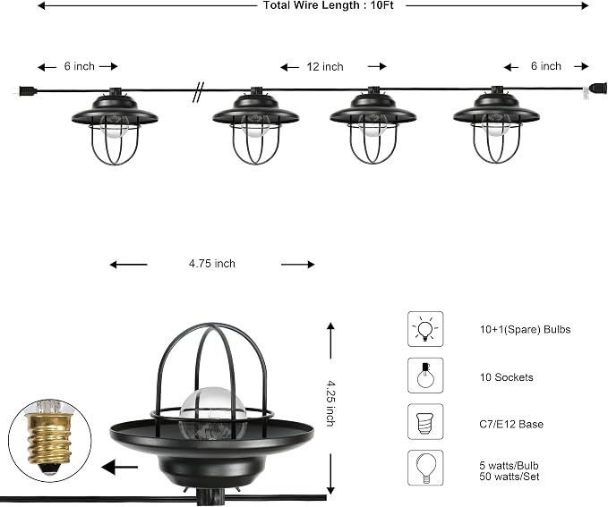 JONATHAN Y 10' Black 10-Light Rustic Farmhouse LED String Lights for Patio, Metal Cage Shade, Weatherproof Connectable Outdoor Hanging Lights, UL Listed JYL8703A