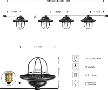 JONATHAN Y 10' Black 10-Light Rustic Farmhouse LED String Lights for Patio, Metal Cage Shade, Weatherproof Connectable Outdoor Hanging Lights, UL Listed JYL8703A