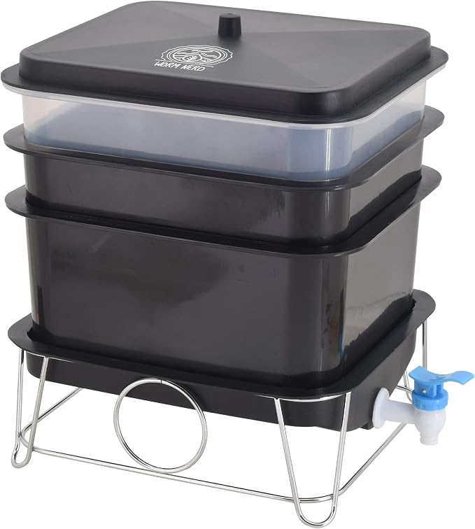 Worm Nerd WN41 4-Tray Worm Composting Bin Kit with Coco Coir Brick for Recycling Food Waste, Worm Castings, Worm Tea, Vermiculture and Vermicomposting, Black