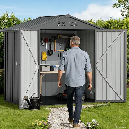 COMHOMA 6'x4' Shed Outdoor Storage Metal with Lockable Doors & Vents | Weatherproof garden utility tool house with adjustable shelving, spacious galvanized steel ventilated backyard workshop, gray