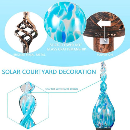 Solar Garden Lights Outdoor, Decorative LED Flame Garden Stakes, Hand Blown Glass and Outdoor Waterproof Glass Stakes (Light Blue)