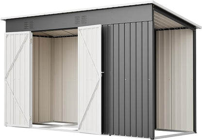 YOPTO 10x4 FT Outdoor Storage Shed, Metal Sheds with Floor Base & Open Firewood Storage,Steel Garden Shed with Lockable Doors,Sloped Roof,Windows, 2 in 1 Large Tool Shed for Patio, Backyard, Lawn.Gray