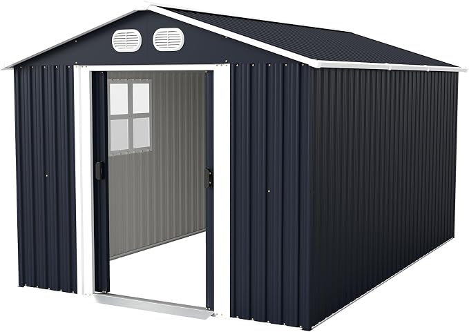 YOPTO 8x12 FT Outdoor Storage Shed, Metal Garden Shed with Window, Lockable Door & Sloped Roof, Large Waterproof Utility Tool Shed for Backyard, Garden, Patio, Lawn, Dark Gray