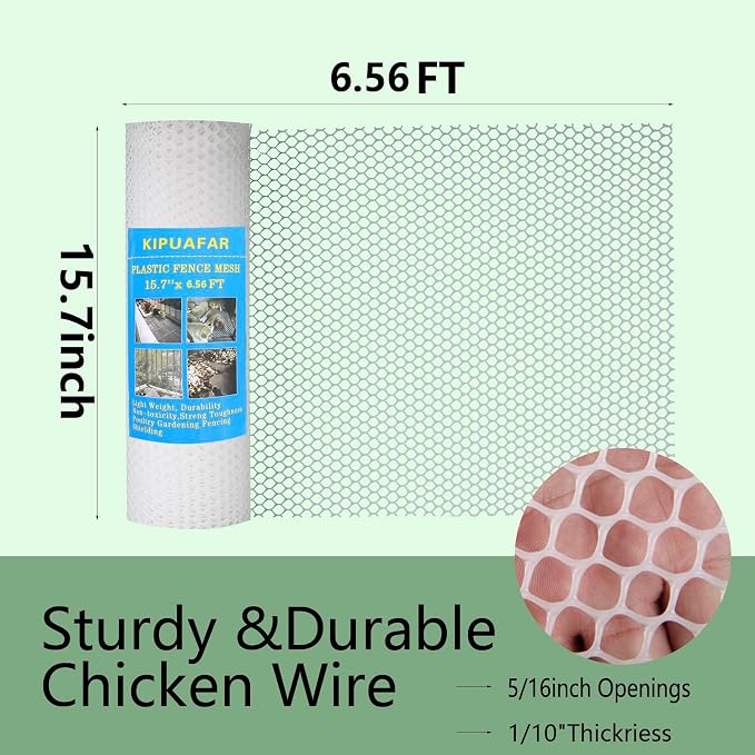 White Plastic Wire Mesh Fence 15.7IN x 6.56FT - Commercial Grade Hexagonal Netting, Heavy Duty Snake & Rodent Barrier for Farms, Poultry Yards, Dog Runs | Durable Outdoor Security Fencing