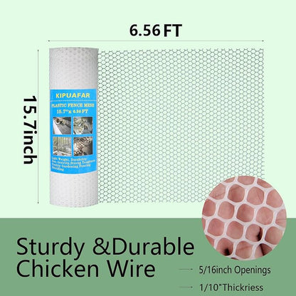 White Plastic Wire Mesh Fence 15.7IN x 6.56FT - Commercial Grade Hexagonal Netting, Heavy Duty Snake & Rodent Barrier for Farms, Poultry Yards, Dog Runs | Durable Outdoor Security Fencing