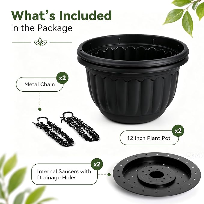 YIKUSH 12 Inch Hanging Planters for Outdoor Plants, 2 Pack Plastic Hanging Flower Pots with Drainage Hole & Tray, Hanging Basket Style Pots for Porch Patio Balcony Decor (Black)