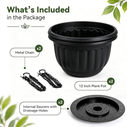 YIKUSH 12 Inch Hanging Planters for Outdoor Plants, 2 Pack Plastic Hanging Flower Pots with Drainage Hole & Tray, Hanging Basket Style Pots for Porch Patio Balcony Decor (Black)