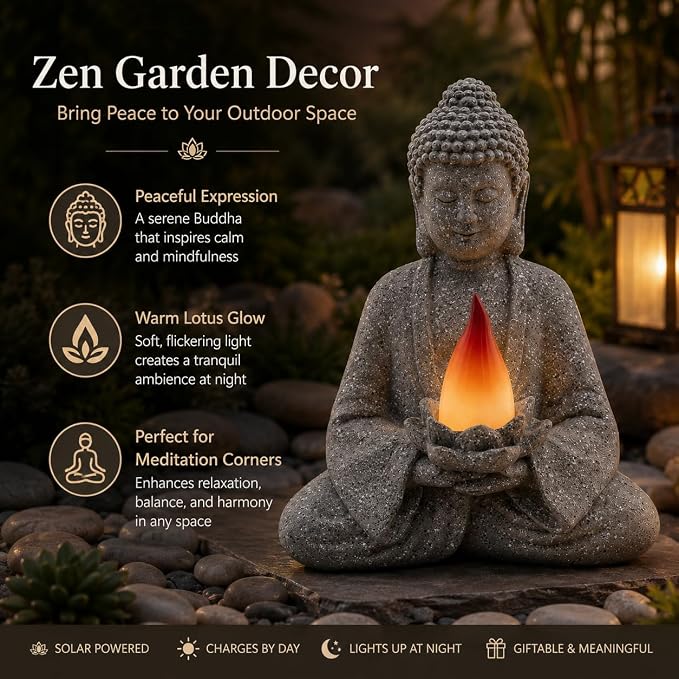 olar Garden Buddha Statue with Lotus Flame Light, Zen Resin Outdoor Decorations for Patio Yard Lawn Porch, Meditation Garden Decor Gifts for Housewarming Mom Women