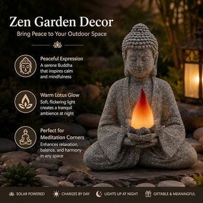 olar Garden Buddha Statue with Lotus Flame Light, Zen Resin Outdoor Decorations for Patio Yard Lawn Porch, Meditation Garden Decor Gifts for Housewarming Mom Women