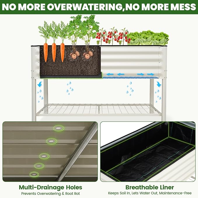 Elevated Raised Garden Bed 2' x 4'- Galvanized Metal Planter Boxes with Legs & Storage Rack, Outdoor Planters for Backyard/Patio/Balcony, with Drainage Holes for Vegetables, Flowers, Herbs, White