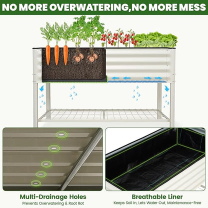 Elevated Raised Garden Bed 2' x 4'- Galvanized Metal Planter Boxes with Legs & Storage Rack, Outdoor Planters for Backyard/Patio/Balcony, with Drainage Holes for Vegetables, Flowers, Herbs, White