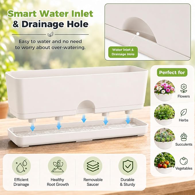 6 Pack Rectangle Planter 16x4.4 Inch Window Boxes Planters Rectangular Window Sill Planters Indoor Self Watering Plant Pots with Drainage Holes and Saucers Succulent Herb Flower Pots, Light Grey