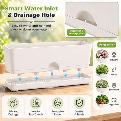 6 Pack Rectangle Planter 16x4.4 Inch Window Boxes Planters Rectangular Window Sill Planters Indoor Self Watering Plant Pots with Drainage Holes and Saucers Succulent Herb Flower Pots, Light Grey