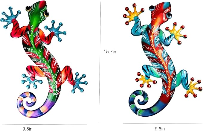 Meduofon Set of 2 Large Metal Gecko Wall Decor, Outdoor Lizard Wall Art Upgrade Handmade Hanging Sculpture Decoration for Indoor Outdoor Home Garden Yard Fence Patio (2PC Large Gecko)