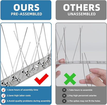 Moyofree Pre-Assembled Bird Spikes for Roofs and Windows, Cover 9.84Feet (3m), Pigeon Spikes Set for Deterring Crows, Seagulls and Small Birds, Stainless Steel Bird Deterrent Spikes for Outside