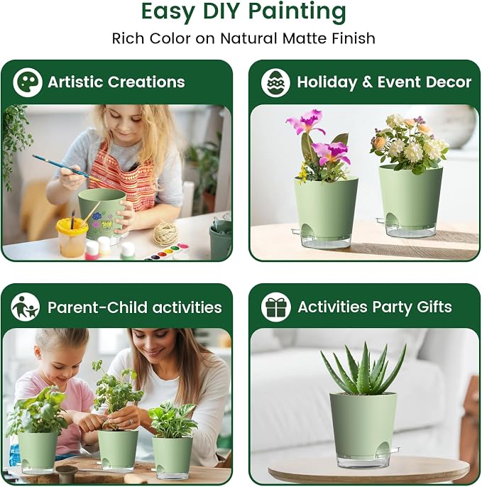 Meowell Self Watering Pots Set of 7 – Assorted Size 4" to 8" Indoor Plant Pots with Drainage Holes and Clear Reservoir for Visible Water Level, Plastic Wicking Planter for House Plants & Flower, Green
