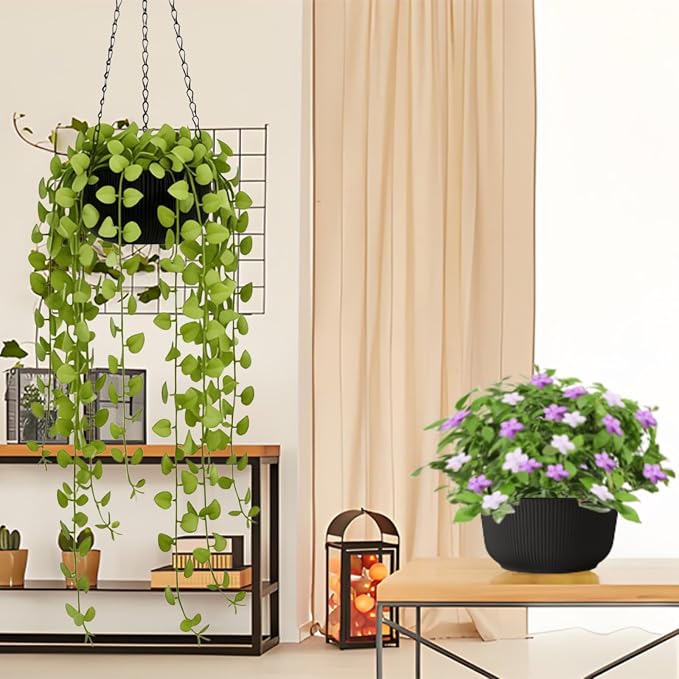 8 Inch Hanging Pots for Indoor Outdoor Plants Set of 2 | Self-Watering Hanging Planters with Internal Saucers, Drainage Holes & Plugs (Hooks)