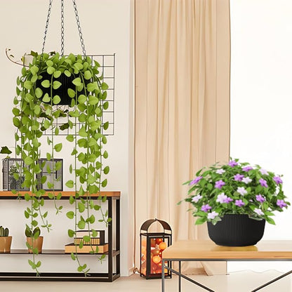 8 Inch Hanging Pots for Indoor Outdoor Plants Set of 2 | Self-Watering Hanging Planters with Internal Saucers, Drainage Holes & Plugs (Hooks)