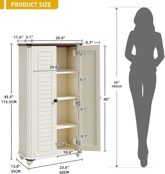 DWVO 4-Tier Storage Cabinet, 45.2" Farmhouse Kitchen Pantry Cabinet wth 2 Shutters-Doors & Adjustable Shelves, Wooden Tool Cabinet for Dining Room, Bathroom, Living Room, Laundry Room, Office, White | 4-Tier Storage Cabinet, Adjustable Shelves, Wooden ...