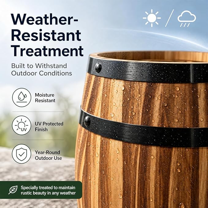 Sunmuliiiy1Pcs Wood Wine Barrel Vase 8" x 6.5" Rustic Wooden Flower Vase Rustic Barrel Barrel Planter for Wedding Reception Table Decoration Home Indoor Outdoor Garden, Kitchen, Party Table Decoration