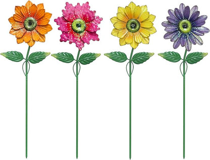 YEAHOME Garden Decor for Outside, 4 Pack 20'' Flower Garden Stakes for Spring Decor, Metal Flowers with Shaking Head Yard Art for Outdoor Lawn Patio Pathway Decorations