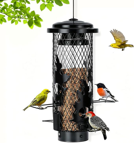 Gbekery Squirrel Proof Bird Feeders for Outdoors Hanging, Black | Metal Wild Bird Feeders for Small Birds with Weight Activated Perches, Weatherproof and Durable, Perfect for Backyard Garden