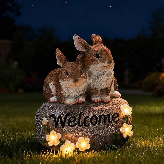 Solar Rabbit Garden Decor Outdoor Bunny Statue Welcome Sign Cute Resin Bunny Figurines for Yard Lawn Ornament Patio Porch Backyard Waterproof Decorative Gift for Women Bunny Lovers