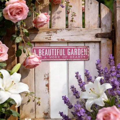 Vintage Garden Metal Tin Sign, A Beautiful Garden Is A Work of Heart Sign, Vintage Farmhouse Wall Art, for Yard Fence Door Porch, Rustic Outdoor Gardening Decoration, 15.7 x 3.9 Inches