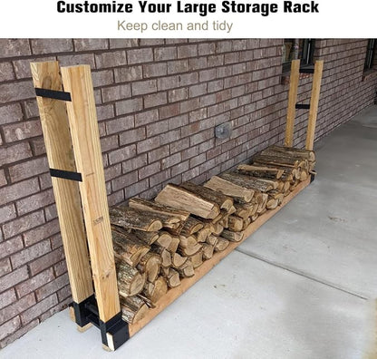 Outdoor Firewood Rack Bracket Kit with 4 Support Bars for Fire Wood Pile Storage, Heavy Duty DIY Fireplace Log Stacking Stand Holder for 2x4 lumber, Black, 1 Pair