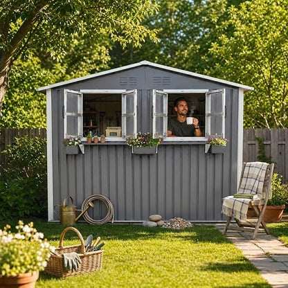 6x9 FT Outdoor Storage Shed with 2 Clear Openable Windows,Waterproof Metal Building Backyard Shed w/Windowsill & Garden Bed Flower Rack,Lockable Double Doors Tool Shed,Waterproof,for Yard,Gray