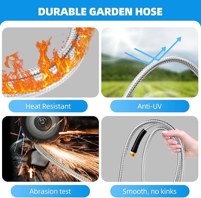 SPECILITE Stainless Steel Garden Water Hose 100 FT, Flexible and Lightweight Pipe, Non-Expandable Heavy Duty Metal Waterhose with Brass Fittings for Reel, Yard, Outdoor, Boat