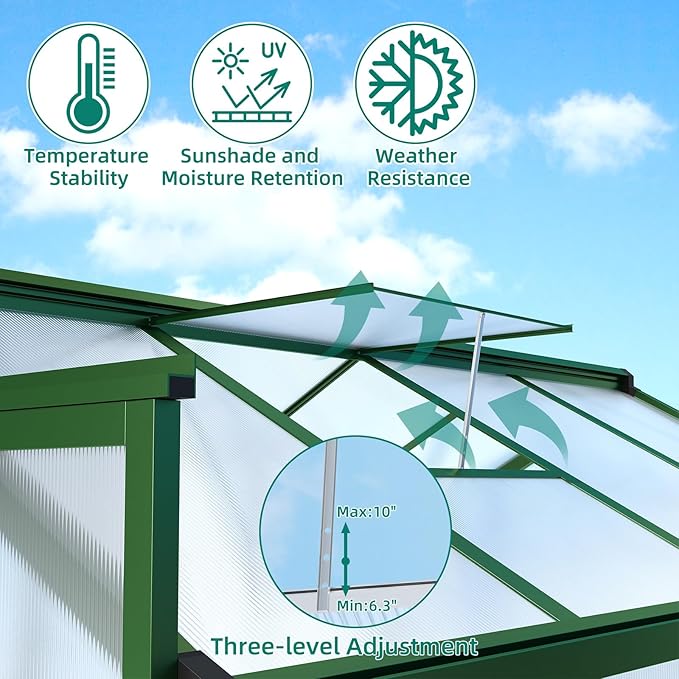 8x12 FT Greenhouse - Large Aluminum Greenhouses for Outdoors | Walk-in Polycarbonate Greenhouse with Roof Vent & Ground Nails, Heavy Duty Green Houses for Garden, Backyard, Patio