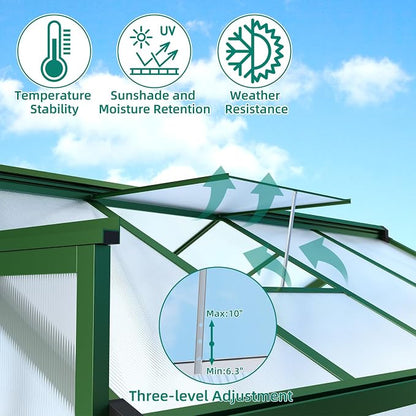 Garvee 8x12 ft Greenhouse - Aluminum Greenhouses for Outdoors, Large Polycarbonate Greenhouse with Roof Vent, Heavy Duty Walk-in Green Houses for Outside Garden, Backyard, Patio, Lawn, Easy Assembly