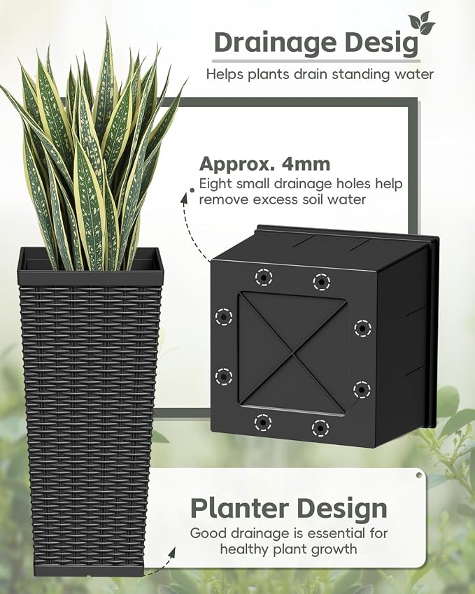 Greesum 24 Inch Tall Plastic Planters with Rattan Texture – Set of 2, Detachable Inner Pot & Drainage Holes, Indoor/Outdoor Decorative Flower Pots for Large Plants, Trees, Patio, and Garden, Black