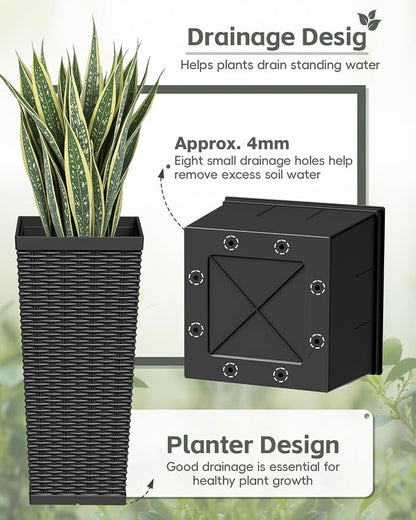 Greesum 24 Inch Tall Plastic Planters with Rattan Texture – Set of 2, Detachable Inner Pot & Drainage Holes, Indoor/Outdoor Decorative Flower Pots for Large Plants, Trees, Patio, and Garden, Black
