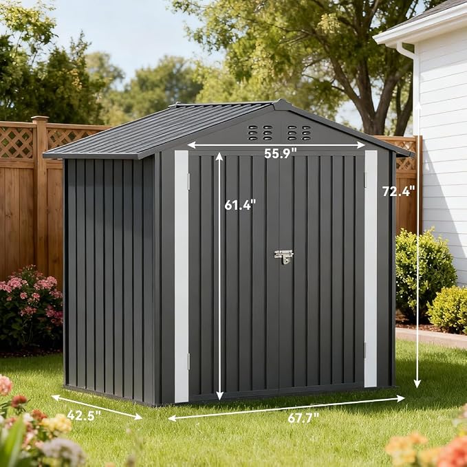 COMHOMA 6'x4' Shed Outdoor Storage Metal with Lockable Doors & Vents | Weatherproof garden utility tool house with adjustable shelving, spacious galvanized steel ventilated backyard workshop, gray