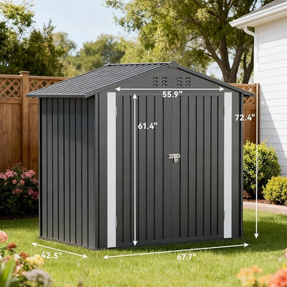 COMHOMA 6'x4' Shed Outdoor Storage Metal with Lockable Doors & Vents | Weatherproof garden utility tool house with adjustable shelving, spacious galvanized steel ventilated backyard workshop, gray