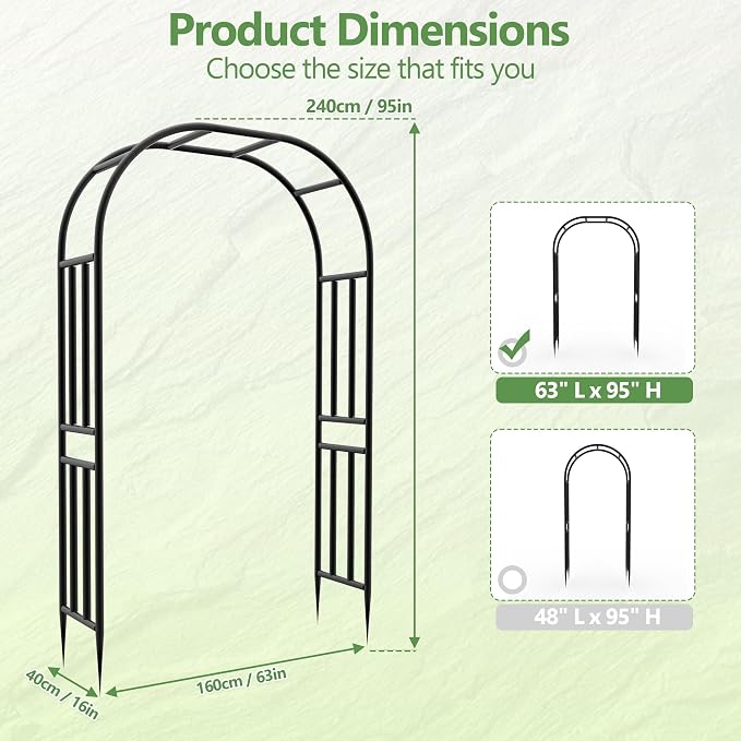 BUKLIYN Garden Arch - 63" L x 95" H Heavy Duty Black Metal Arbor, Powder Coated Rustproof Finish, Trellis for Climbing Roses Ivy Clematis