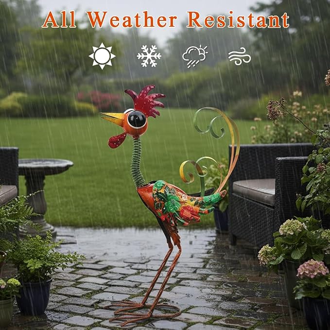 24'' Wacky Rooster Garden Statue for Outside, Patio, Backyard, Lawn | Metal Rooster Decor Yard Statue Decorations, Waterproof Chicken Yard Art, Red